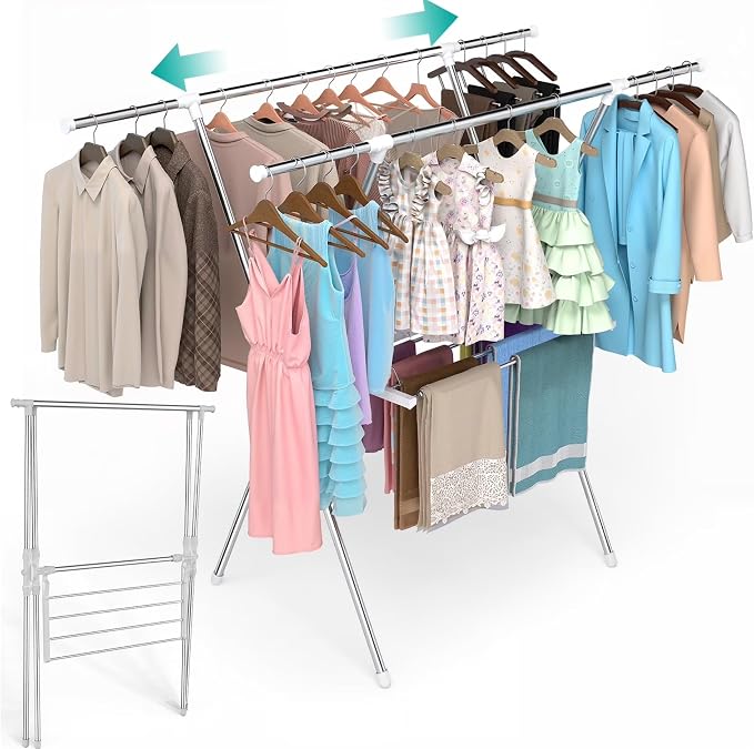 Foldable Clothes Drying Rack 63 Inch Stainless Steel, Heavy Duty Space Saving Laundry Rack Indoor Outdoor, Double Rod Design for Balcony, Laundry Room, Home