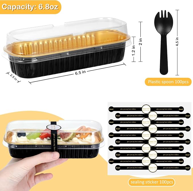 EgticHome Mini Loaf Pans with Lids and Spoons (100 Pack, Black-gold, 6.8oz) Rectangular Aluminum Foil Baking Pans