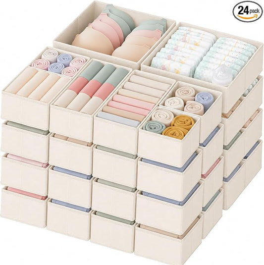 Criusia Drawer Organizer Clothes, 24 Pack Dresser Organizer for Baby Clothes, Underwear, Sock- Foldable Closet Organization and Storage Dividers Bins for Nursery, Bedroom and Dorm (Beige)