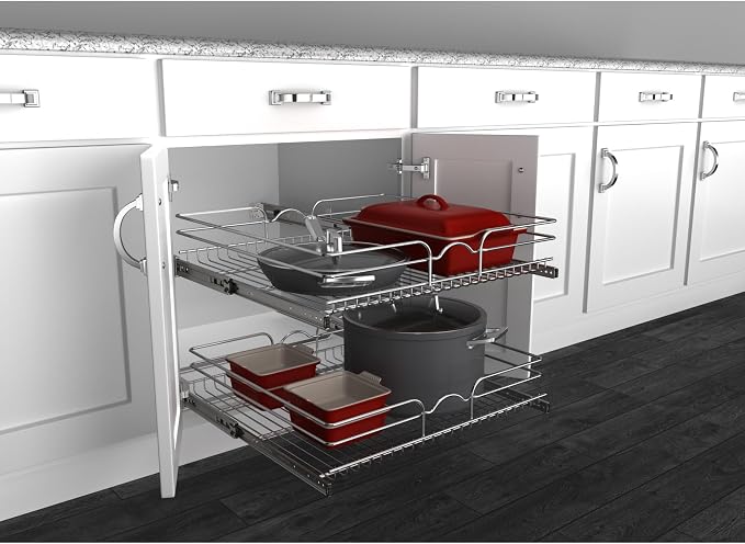 Rev-A-Shelf Pullout Organizer for Cabinets, Min Opening Width of 24" | Two-Tier Steel Shelf for Kitchen or Vanity Cabinet Organization, Heavy Gauge Wire Slide Out Storage Basket, 5WB2-2422-CR-1