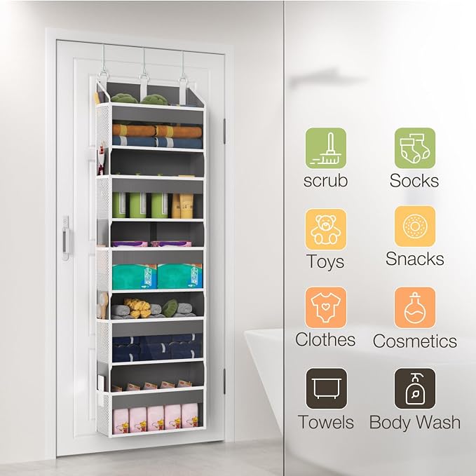 Over the Door Organizer with 5 Front & 10 MeshSide Pockets, 50LB Capacity Extra Large Nursery & Bathroom Hanging Storage Organizer Multi-Room Space-Saving Designwith 3 Hook for Kitchen, Pantry,Grey