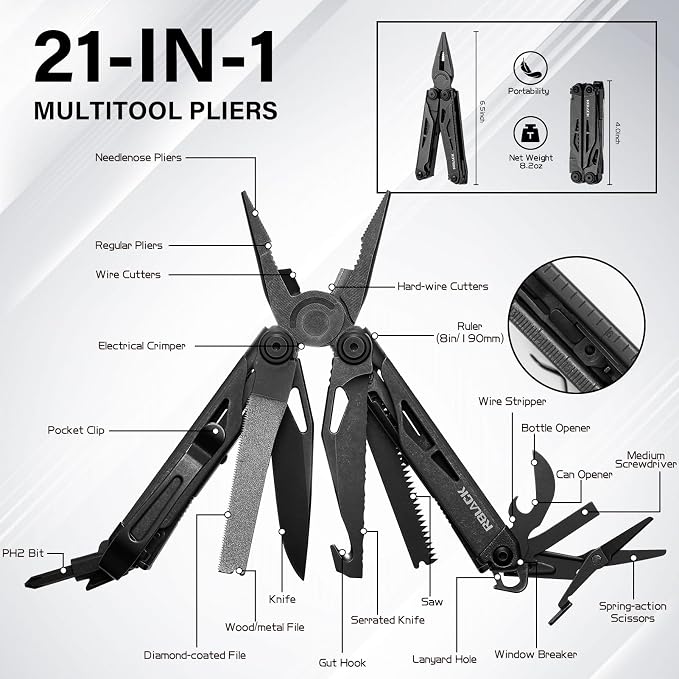 21-in-1 Multitool Pliers w/Safety Locking & Spring-Action Scissors | Nylon Sheath, Premium Stainless Steel EDC Kit for Work, Home, Auto, DIY and Outdoor Tasks, Black