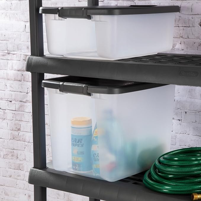 Sterilite 19373V06 50 Quart / 47 Liter Shelf Tote, Clear Base with Flat Gray Lid and Latches, 6-Pack | Clear Bins with Gray Lids - Stackable Organizing Container Boxes for Closet, Bathroom, and Office