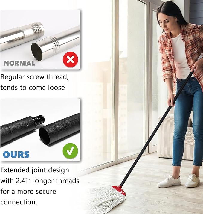 Indoor Cotton Mops for Floor Cleaning - Indoor Cleaning Mop for Wood Floors, Tile, Hardwood Floor, 52" Adjustable Iron Handle Regular Mops to Clean Living Room, Kitchen, and Bathroom. (Red