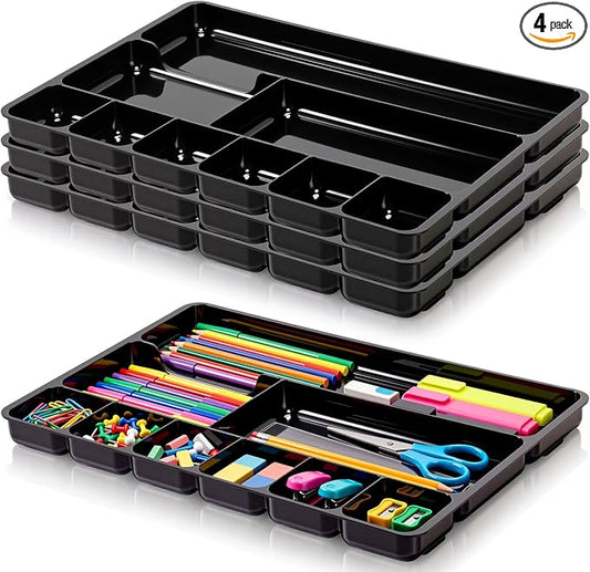 Junkin 4 Pcs Shallow Drawer Organizers 14" x 9" x 1" Desk Drawer Organizer Tray with 9 Storage Compartments for Home Office Classroom School Organizing Pens Paper Clips Sticky Notes (Black)