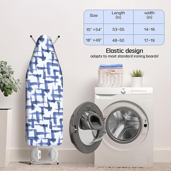 Ironing Board Cover and pad - 15 x 54 Thick Padding 4 Layers with 2" Elastic, Stain Resistant & Durable Scorch, 2 Buckles for Easy Installation in Laundry Room, Blue Brushstrokes (NO Board)
