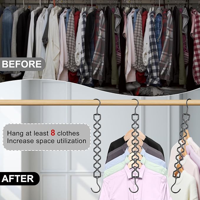 Space Saving Hangers for Clothes 3 Pack Sturdy Metal Hangers Heavy Duty | Magic Clothes Space Saver Hanger Organizer with 360° Swivel Hook, Closet Organizers and Storage Dorm Room Essentials Black