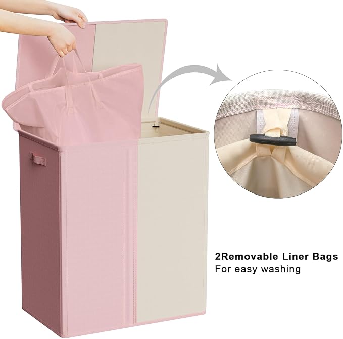 WOWLIVE Double Laundry Hamper with Lid, 154L Large Laundry Basket Organizer | Collapsible Dirty Clothes Hamper 2 Section, with Removable Laundry Bags for Laundry Room, College Dorm, Pink and Beige