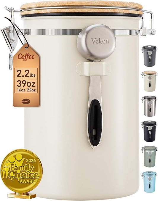 Veken Coffee Canister, 39OZ Large, Gifts For Women,Airtight Stainless Steel Food Storage Container for 2.2lbs Coffee Beans,Ground, Sugar, Tea, Flour, Cereal, Kitchen Bar Accessories,Scoop, Gift, Cream
