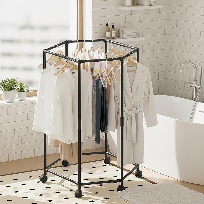 Clothes Rack with Wheels, Hexagonal Rolling Clothing Rack for Hanging Clothes, Clothes Drying Rack, Garment Storage for Bedroom, Laundry, Balcony (47" H)