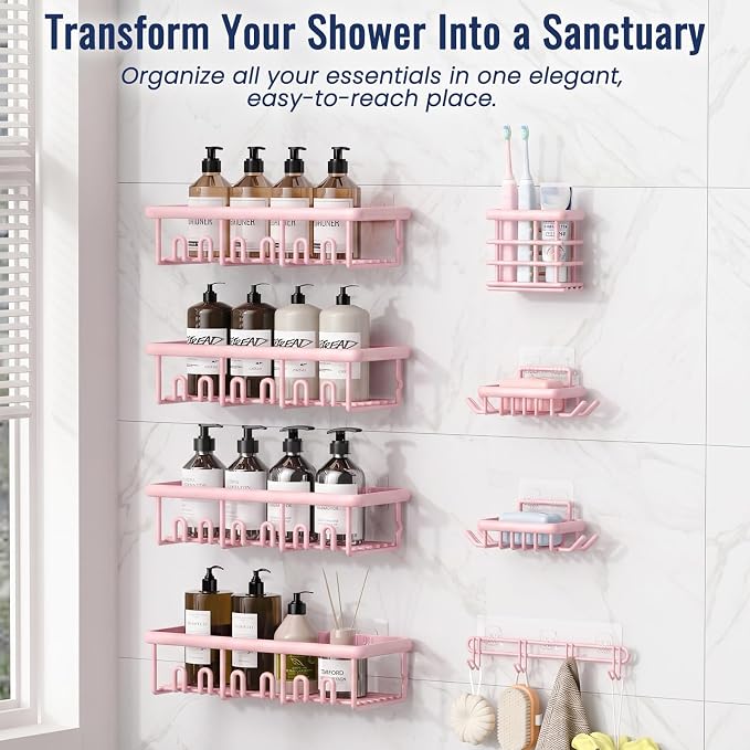 8 Pack Adhesive Rustproof Shower Caddy with Soap Dishes, Toothbrush Holder & Hooks, Large Capacity No-Drilling Shower Shelves Rack for Bathroom Organizers and Storage Accessories, Pink