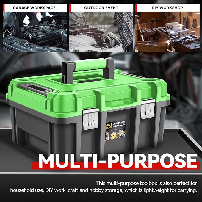 Auto Dynasty 17-Inch Tool Box, 2Pcs Toolboxes Organizer Storage with Removable Tray and Portable Handle for Garage Workshop Home Office Car Trunk, Green
