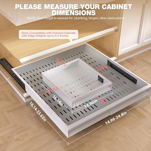 Seinloes 2 Pack Pull Out Cabinet Organizer With Raising Pad for Framed Cabinets,Expandable Width (15"-25") and Depth (17"-24"),3 Slide Rails Slide Out Drawers with Handle,No-Drill Roll Out Shelf,White