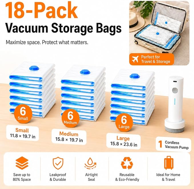 18 Pack Vacuum Bags for Travel with Rechargeable Air Pump, Carry-On Compression Bags for Luggage and Suitcase, Space Saver Storage for Clothing and Travel Organization