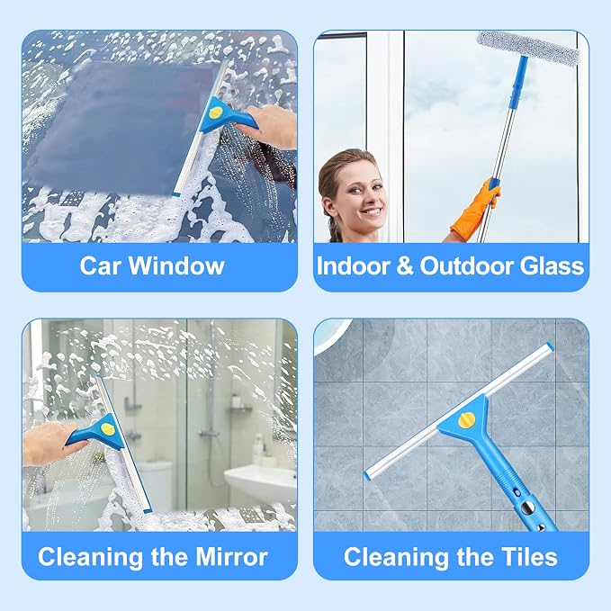 10 Feet Professional Squeegee Window Cleaner Tool with Extension Pole | Car Windshield Cleaning Kit with Long Handle, Queegee & Scrubber, Window Washing Equipment for Indoor Outdoor Windows & Glass