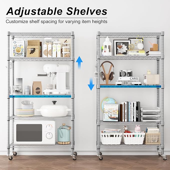 Homdox 5 Tier Adjustable Rolling Storage Shelves, Heavy Duty Wire Racks and Shelving, Metal Shelves for with Side Hooks Pantry Closet Kitchen Garage Organization, Silver Gray