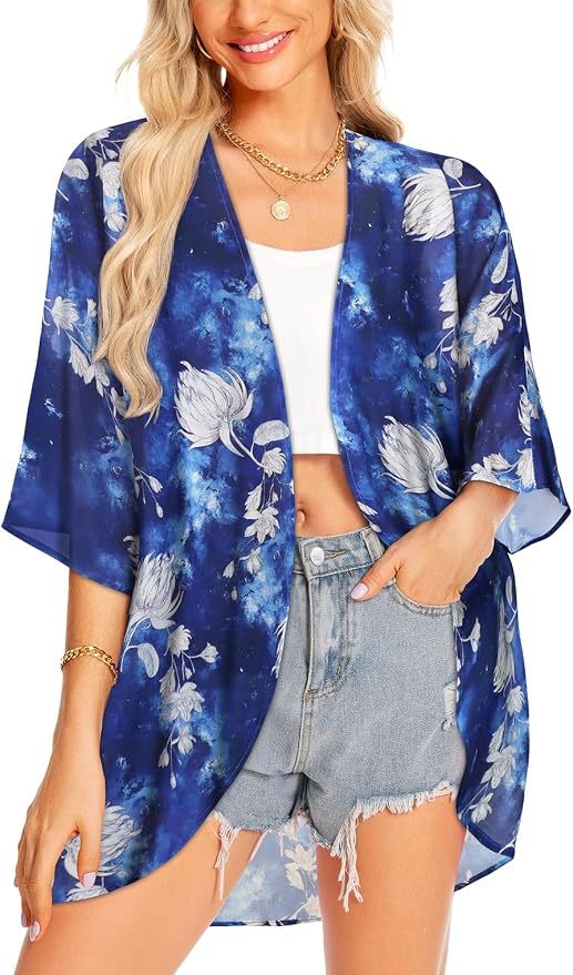 Women Kimono Cardigans Summer Cover Up Hawaiian Shirts Floral Print Tops | ROSEMIA chiffon kimono open front cardigans, beach cover ups, daily casual tops, cruise outfits, summer resort wear