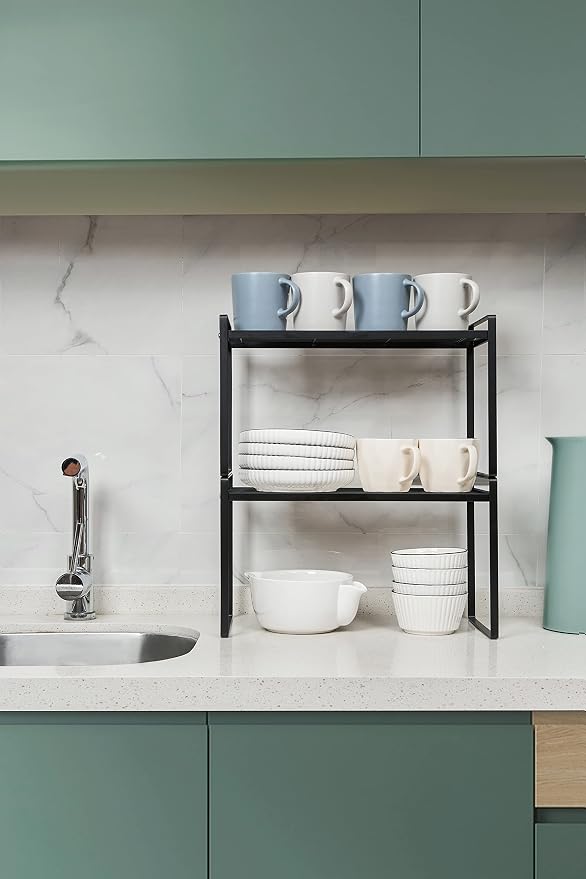 Shantton 2Pack Kitchen Cabinet Shelf Counter Organizer Rack Pantry Storage Bathroom Bedroom Office Table Desk Space Saving Stackable Rust Resistant Non Slip Black Tall Wide L16.1in W10.6in H9.5in