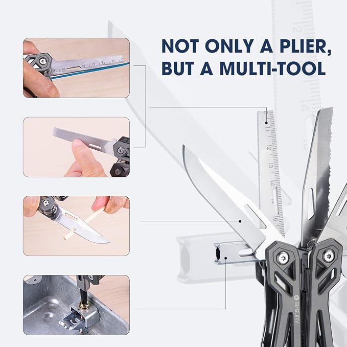 BIBURY Multitool with Pocket Knife, 21-in-1 Stainless Steel Pliers with Screwdriver, Safety Locking Multi tools with EDC Knife for Survival, Camping, Fishing, Repair, Birthday Gifts for Men Women