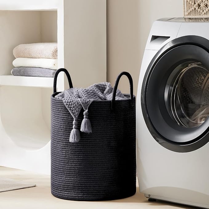 YOUDENOVA Woven Rope Laundry Hamper Basket, 58L Blanket Basket for Nursery | Large Woven Laundry Hamper with Sturdy Handles, Collapsible Home Decor Laundry Basket for Laundry, Clothes, Toys in Bedroom
