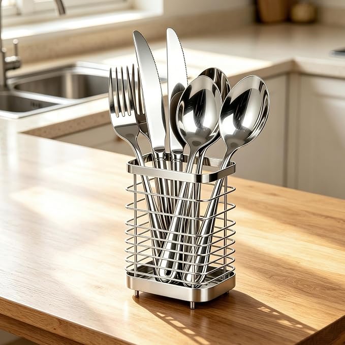 Utensil Holder, Stainless Steel Utensil Drying Rack for Kitchen Counter, Silverware Cutlery Flatware Holder Forks, Knives, Spoons, Chopsticks Organizer (Silver)