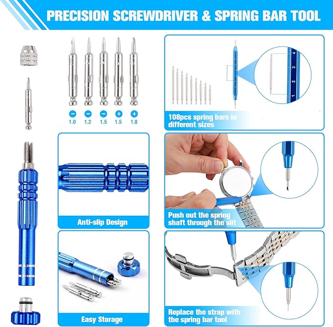 Watch Repair Kit, BYNIIUR Watch Battery Replacement Tool Kit, Watch Repair Tools & Kits, Watch Link Removal Tool Kit Watch Band Tool Set with Carrying Case, Watch Case Opener Spring Bar Tools