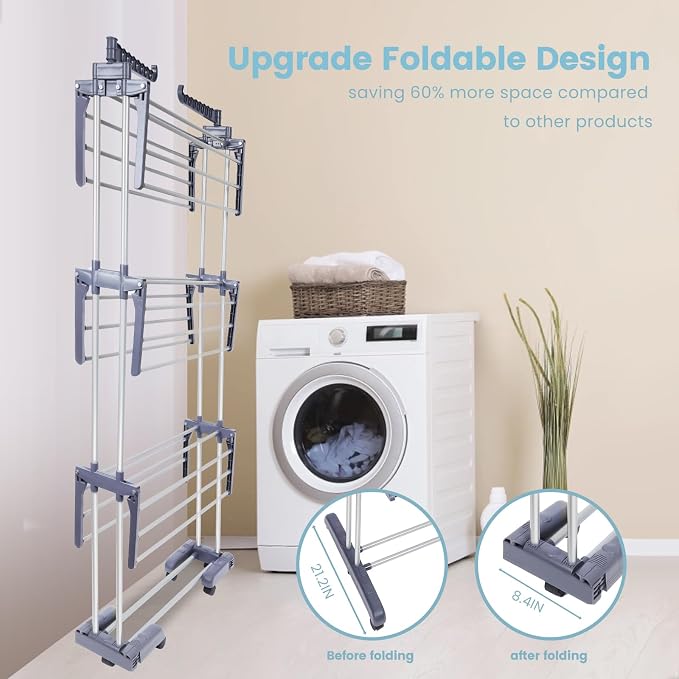 Heavy Duty Clothes Drying Rack, 4-Tier Foldable Laundry Drying Rack 70" Tall, Freestanding Stainless Steel Drying Rack with Collapsible Base & 24 Hanging Rods for Clothing, Bed Linens, Towels - Gray