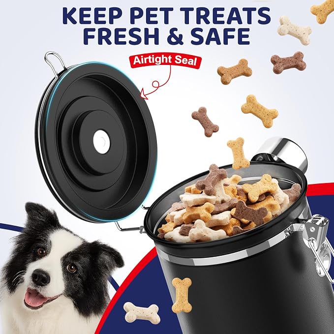 ENONCI Dog Treat Container Airtight,8.2"x5.9" Stainless Steel Cat Treat Jar for Kitchen Counter with Scoop, Pet Storage for Fresh Dog Cookie