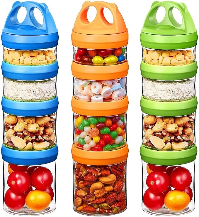 SELEWARE Stackable Snack Containers for Kids Toddlers, Blue Green & Orange | Portable Food Storage Containers for Snacks Formula Powder Drinks and Travel, Twist Lock System Airtight Leak-proof BPA Free