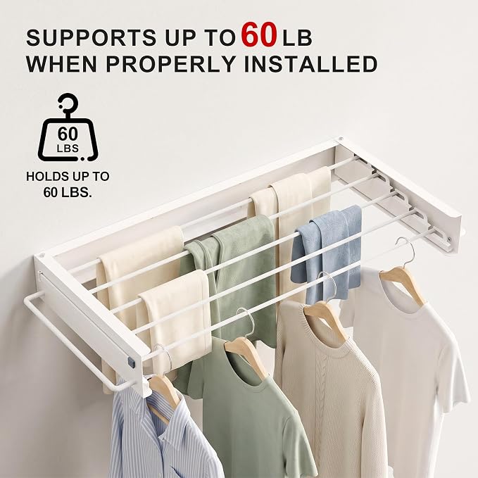 JOOM Wall Mounted Clothes Drying Rack,31.5 Inch Foldable Rack,White,Poles | 5 Aluminum Rods, 60 lb Capacity Collapsible Wall Mount Laundry Drying Rack for Laundry Room, Bathroom, Balcony