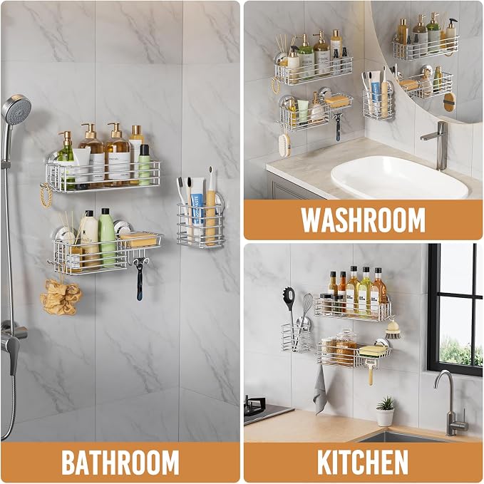 LEVERLOC Shower Caddy Suction Cup, 3 Pack Heavy Duty Bathroom Organizer for Inside Shower with Hooks & Soap Holder, Removable Bathroom Organizer, Rustproof Silver Holder Storage,Silver