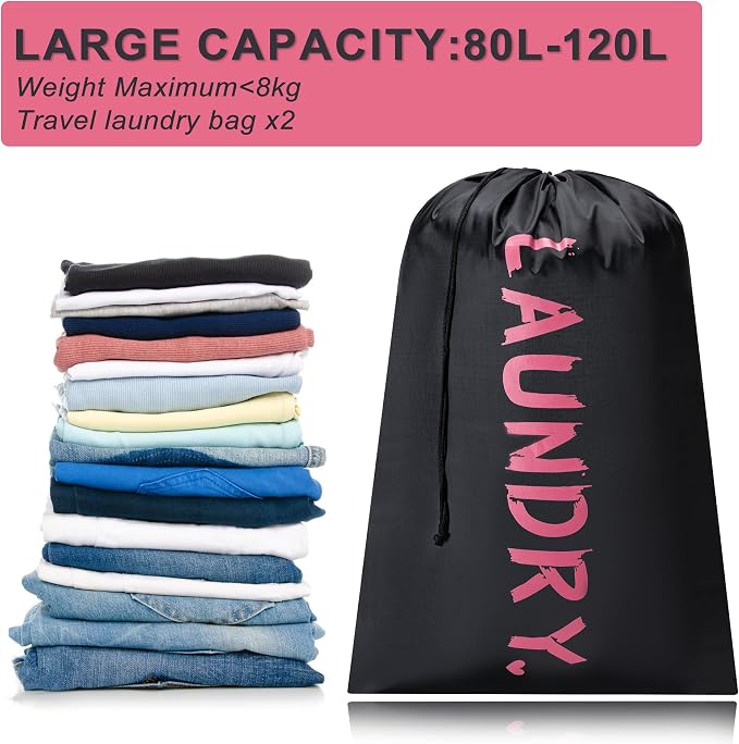 2 Pack Travel Laundry Bag,24" x 36", Extra Large Dirty Clothes Organizer | Machine Washable with Drawstring, Holds 3-4 Loads of Laundry,Fit a Laundry Hamper or Basket Travel Essentials