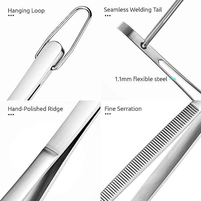 U-Taste 8in Kitchen Plating Tweezer: 18/8 Stainless Steel Food-Grade Metal Food Tong, Seamless-Welding, Sturdy and Flexible with Non-slip Tips for Serving, Decorating, Cooking, Baking (Round Tip)