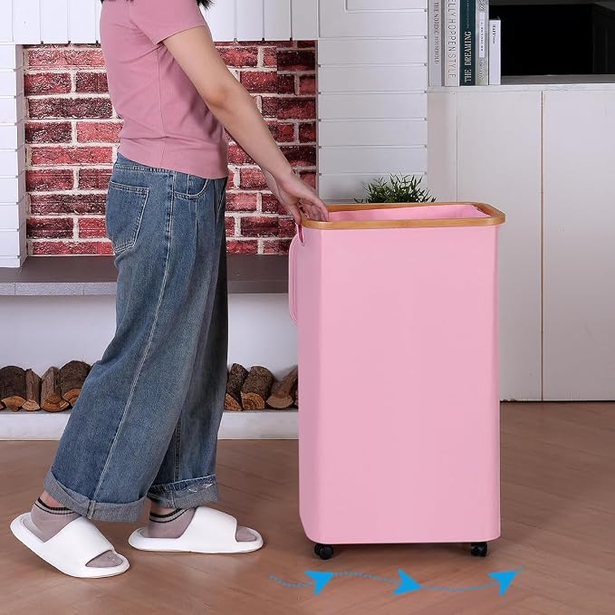 IEGrow Laundry Basket with Wheels 110L Clothes Hamper for Laundry,Pink | Laundry Hamper with Lid and Bamboo Frame, for Laundry Room, Bedroom, Dormitory Storage