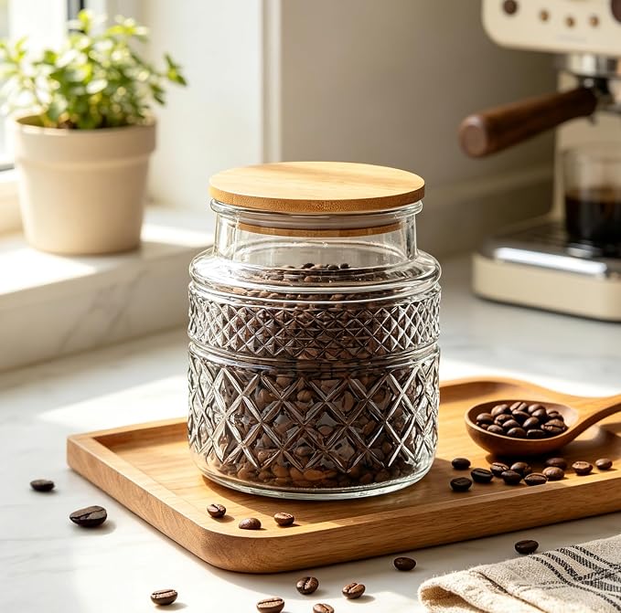 Prettidecor Glass Storage Jars, 38 FL OZ Airtight Canisters with Bamboo Lid, Decorative Kitchen Containers for Cereal, Nuts, Snacks, Candy, Cookies, Coffee, Tea