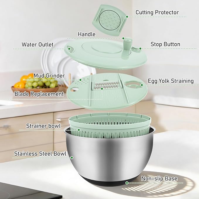 3 in 1 Stainless Steel Salad Spinner, 4.2 QT Large Vegetable Dryer Lettuce Spinner with 5 Blade Slicer Non Slip Base, for Kitchen Salad Vegetables
