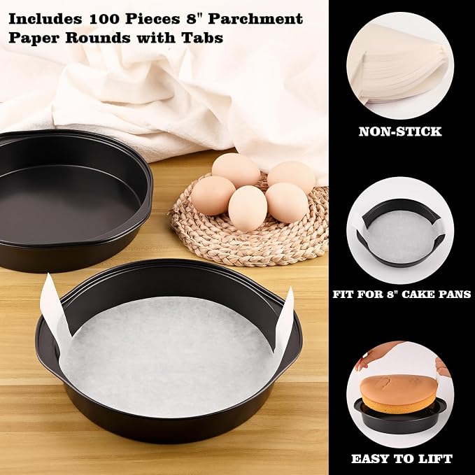 HUAKENER 3 Pcs 8 Inch Round Cake Pans with 100 Pieces Parchment Paper | Carbon Steel Cake Pans, Non-stick Cake Baking Pans with Handle, Dishwasher Safe