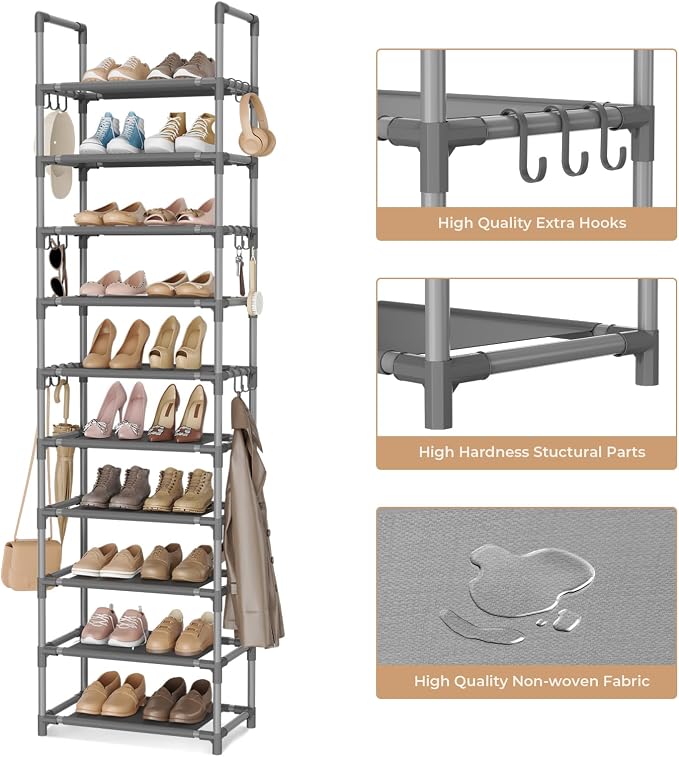 VTRIN 10 Tiers Tall Shoe Rack Holds 20-25 Pairs of Shoes Sturdy Vertical Shoe Organizer with 18pcs Hooks Stackable Narrow Shoe Rack for Closet, Entryway Grey