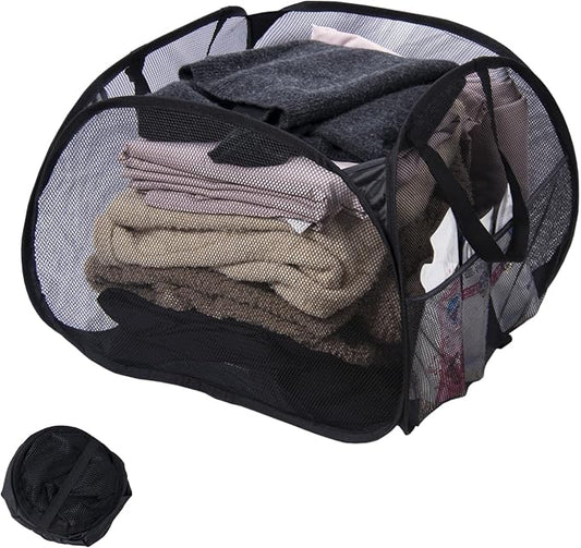 Collapsible Laundry Basket, 90L Mesh Pop-up Hamper with Handles | Foldable Storage Clothes Bag for Laundry, Bathroom, Dorm, Travel, Camping, Space-saving, Black