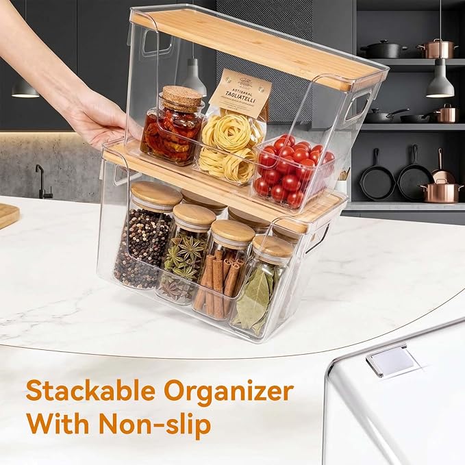2-Pack Trash Bag Holder Dispenser with Bamboo Lid | Stackable Dispenser, Clear Plastic Organizer for Under Sink, Kitchen, Pantry, Laundry Room, Fits 13, 30, 33 Gallon Bags