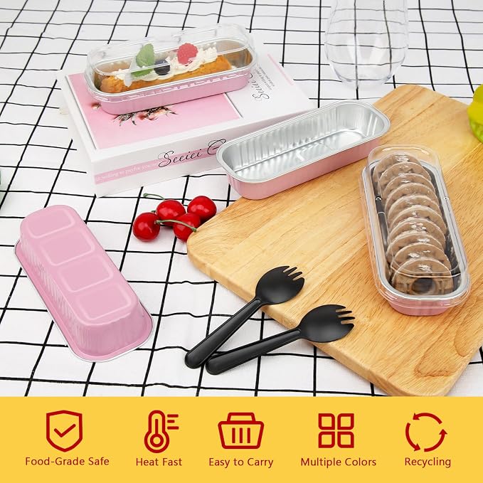 LNYZQUS Mini Cake Pans with Lids 100 Pack,Individual Foil Baking Tins,Disposable Mini Loaf Pans Small Cakes Tin Cupcake Containers for Children's Day Bake Sale-Pink,6.8oz