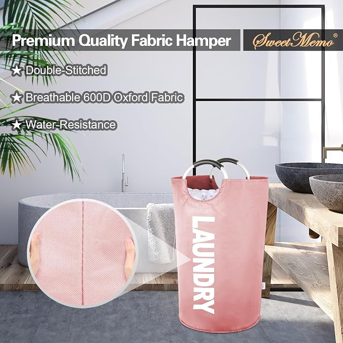 Large Laundry Basket, Laundry Hamper Bag with Handles, 95L, Pink | Freestanding Tall Dirty Clothes Hamper, Collapsible and Portable Laundry Bin for Dorms and Bedrooms, Thick, Sturdy Fabric