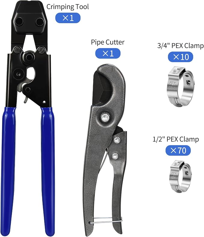 PEX Cinch Clamp Tool Kit, 3/8" to 1" PEX Pipe Clamp Cinch Tool Set | with 1pcs Pipe Cutter, 70 pcs 1/2" PEX Cinch Clamps, 10pcs 3/4" PEX Cinch Clamps