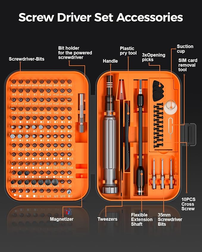LIFEGOO Precision Screwdriver Set, 150 in 1 Magnetic Screwdriver Set with mini built-in box, Repair Tool Kit for Computer, Laptop, iPhone, Macbook, PC, PS5, Xbox Controller, Jewelers, Glasses Orange