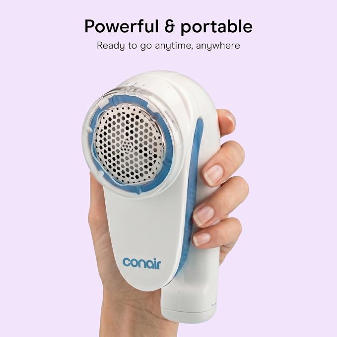 Conair Fabric Shaver and Lint Remover, Battery-Operated Portable Clothes Shaver with 3 Settings, Fuzz Remover for Sweaters, Clothing and Furniture, Large 2-Inch Shaving Head, White | Easy-to-store fabric shaver for clothing and furniture with 3 depth s...