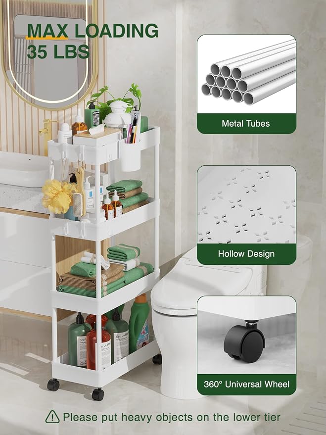 LEHOM Slim Rolling Storage Cart - 4 Tiers Bathroom Organizer Utility Cart | Slide Out Storage Shelves Mobile Shelving Unit for Kitchen, Bedroom, Office, Laundry Room, Small Narrow Spaces (7.1" W+White)