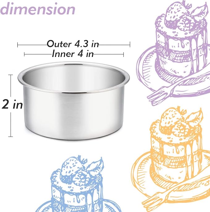 TeamFar 4 Inch Cake Pan, 4 Pcs Mini Cake Pan Round Tier Baking Tins Set Stainless Steel, For Baking Steaming Serving, Healthy & Sturdy, Mirror Finish & Dishwasher Safe (Pack of 2)