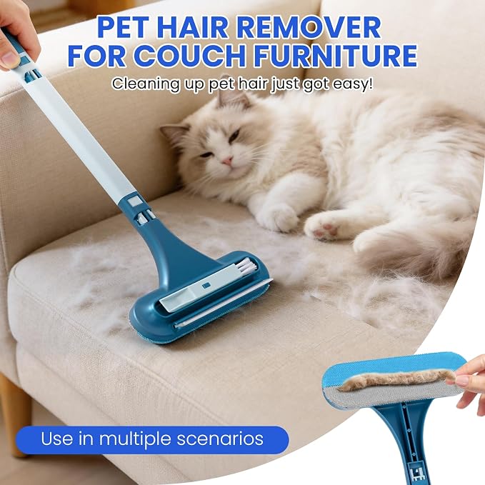 3-in-1 Screen Cleaning Brush with Squeegee - Window Mesh Cleaner & Pet Hair Remover for Couch, Multi-Use Crevice Tool for Patio and Porch Screens (Cyan Blue)