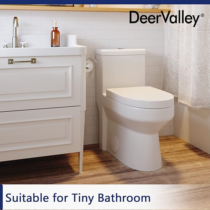 DeerValley Compact One Piece Toilet Standard Seat Height for Small Bathroom Dual Flush 1.1/1.6 GPF Powerful and Quiet 10'' Rough-In Skirted Toilet White