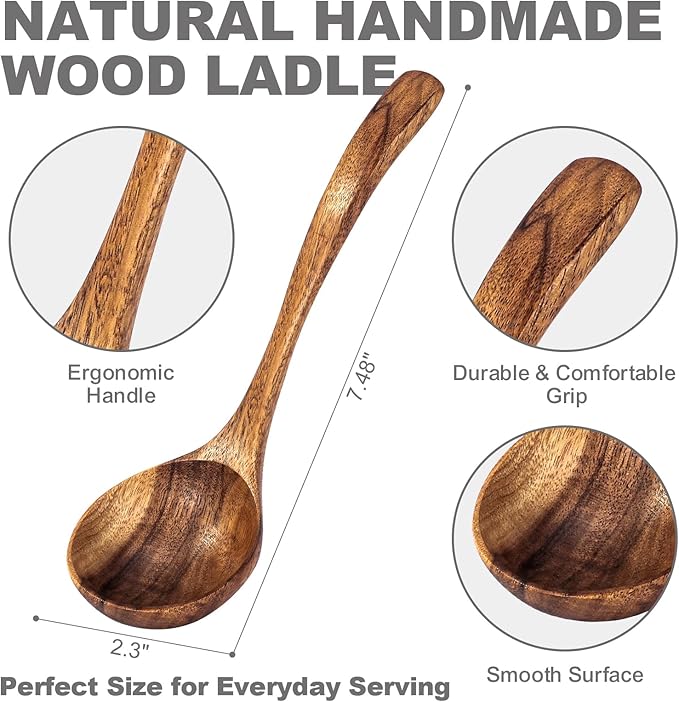 Wooden Small Ladle, Non-Toxic Non-Scratch Natural Acacia Wood Serving Spoon for Gravy, Sauces & Porridge, Ideal for Home Dining, Buffets & Daily Meals, 7.48 Inch